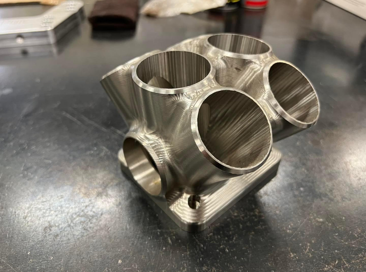 Elmer racing stainless steel billet 6cyl collector. Twin scroll T4.
